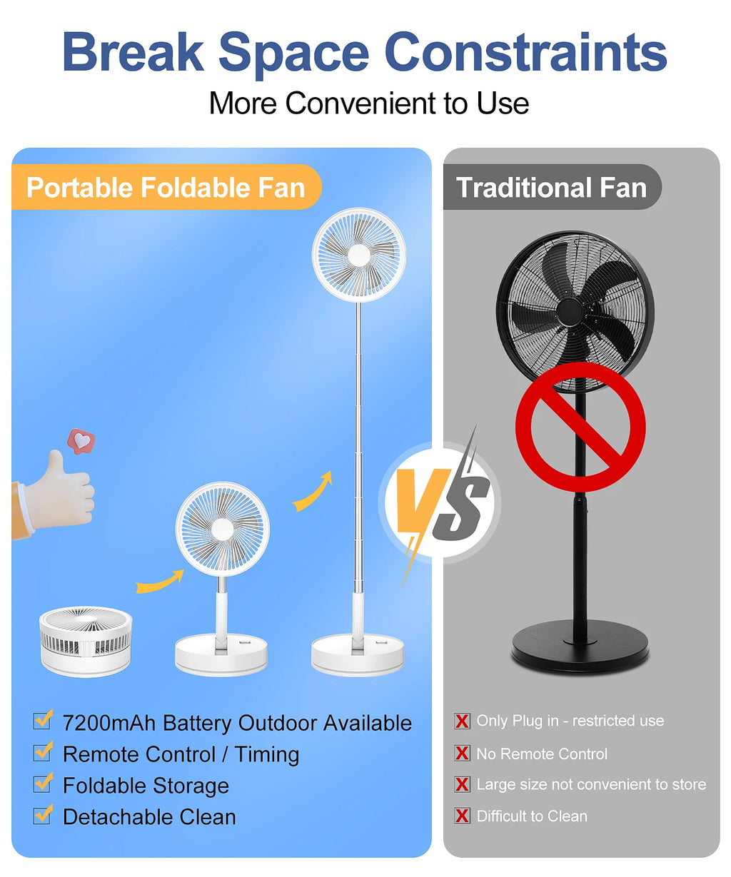 Telescopic Folding Desk Fan With 7200 mAh Wireless USB Rechargeable Adjustable Height Timing Remote control Fans