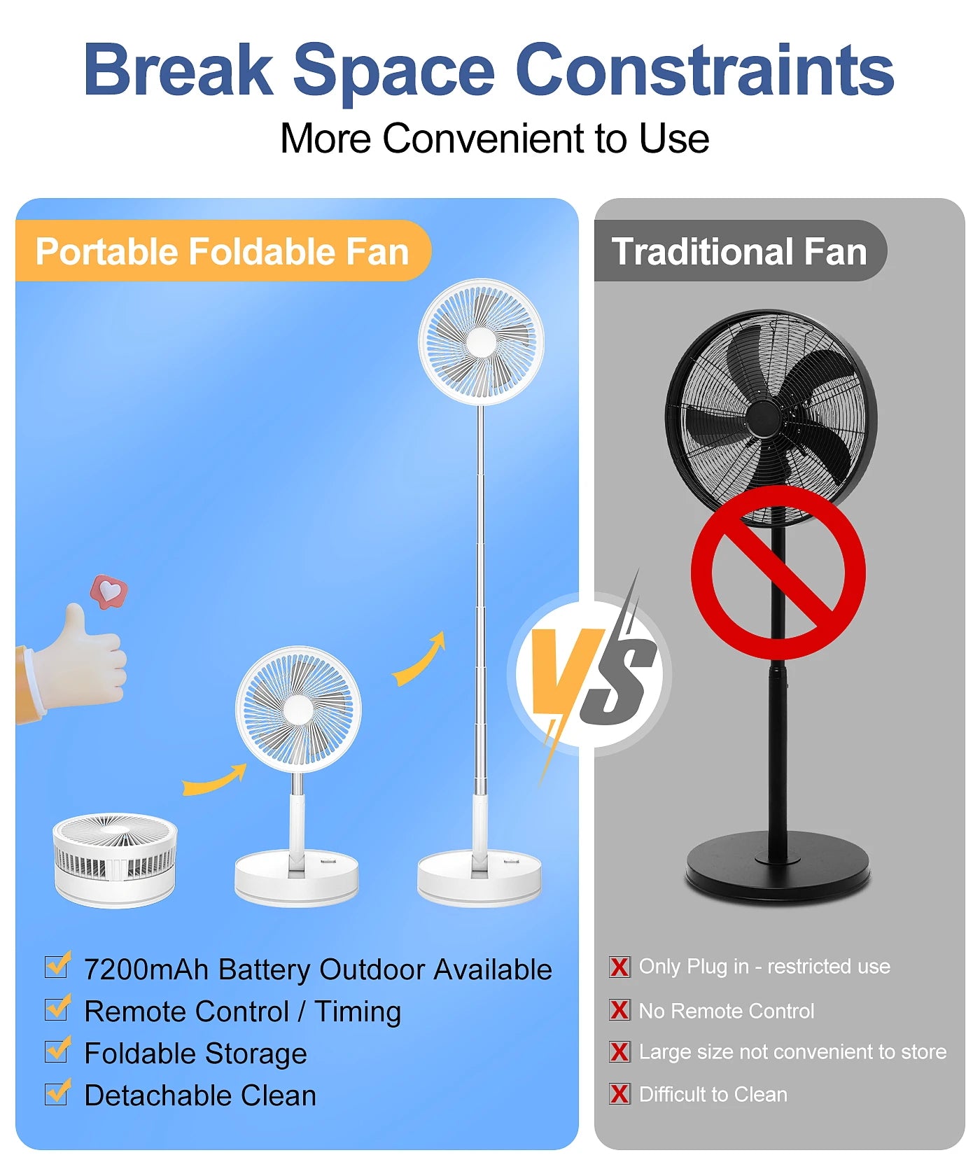 Telescopic Folding Desk Fan With 7200 mAh Wireless USB Rechargeable Adjustable Height Timing Remote control Fans