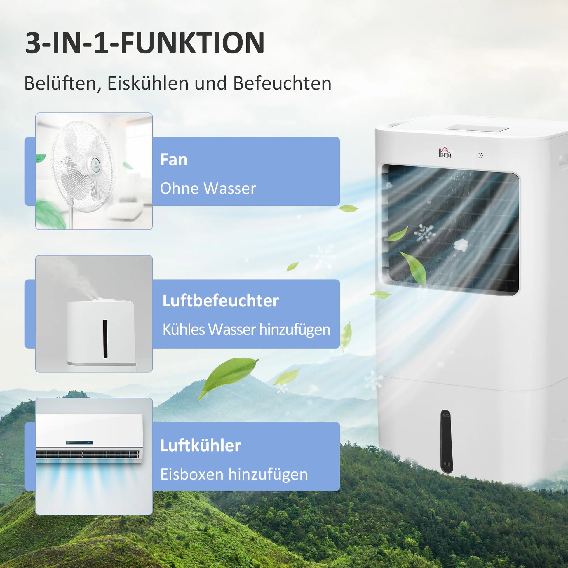 Air Cooler 3 Modes Timer Function Reelable Plastic White, Air Cooler, Cooling Fan, Water Cooling Fan