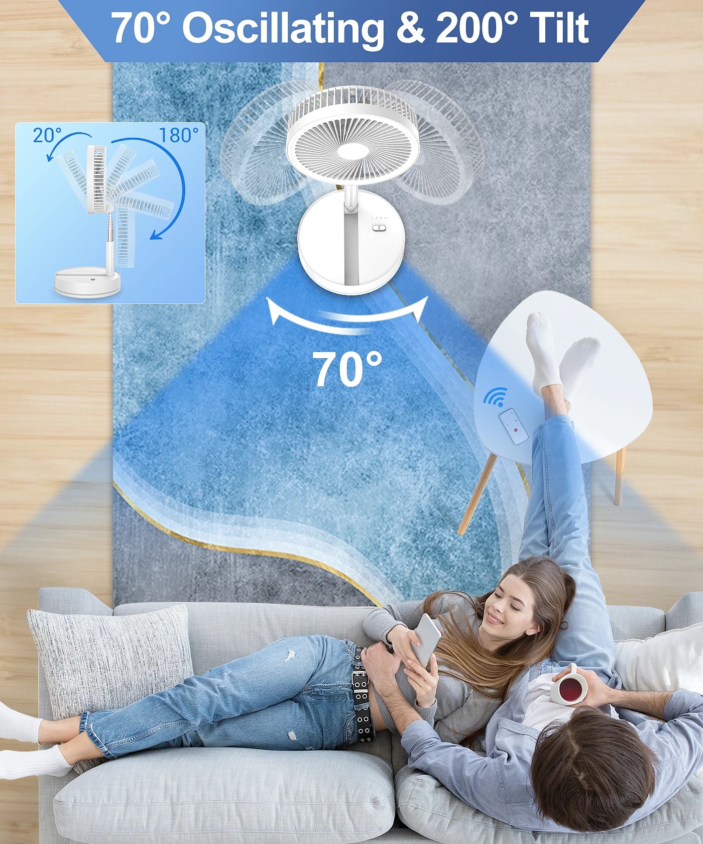 Telescopic Folding Desk Fan With 7200 mAh Wireless USB Rechargeable Adjustable Height Timing Remote control Fans